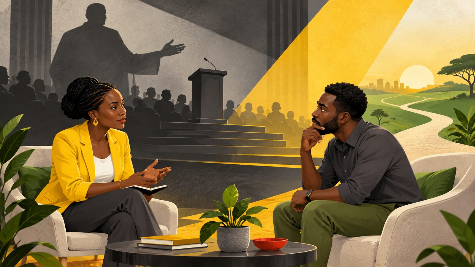 Coach ou pasteur en Afrique Un coach s’assoit à hauteur d’une personne face à une estrade vide, image de la tension entre accompagnement et autorité.