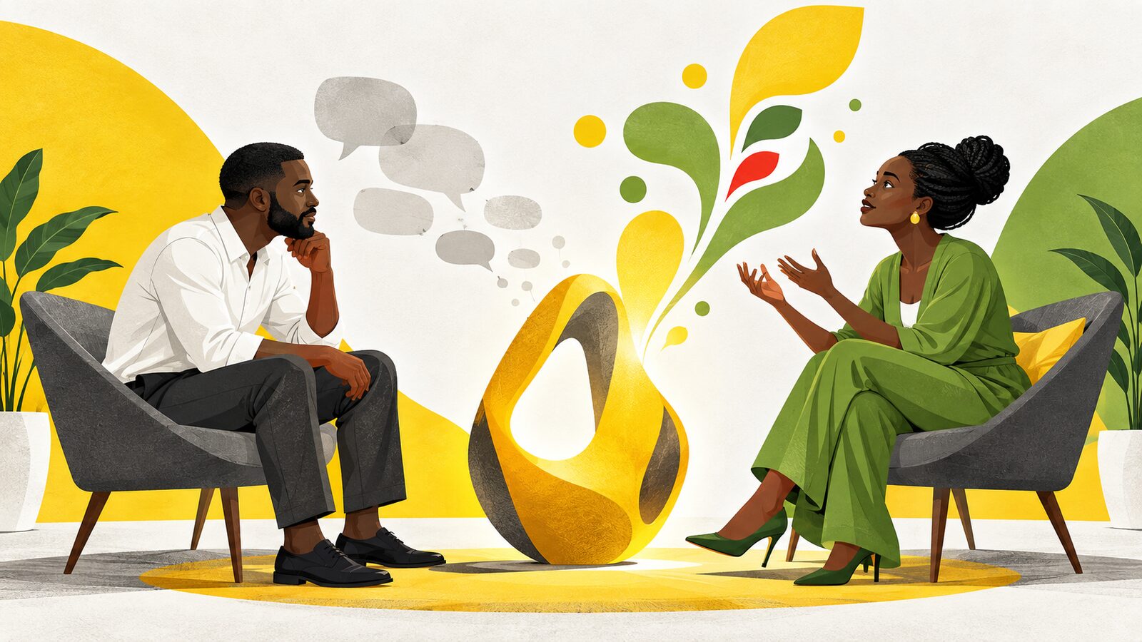 Un coach écoute une femme qui donne du sens à un symbole au cours d’une séance de coaching en Afrique.